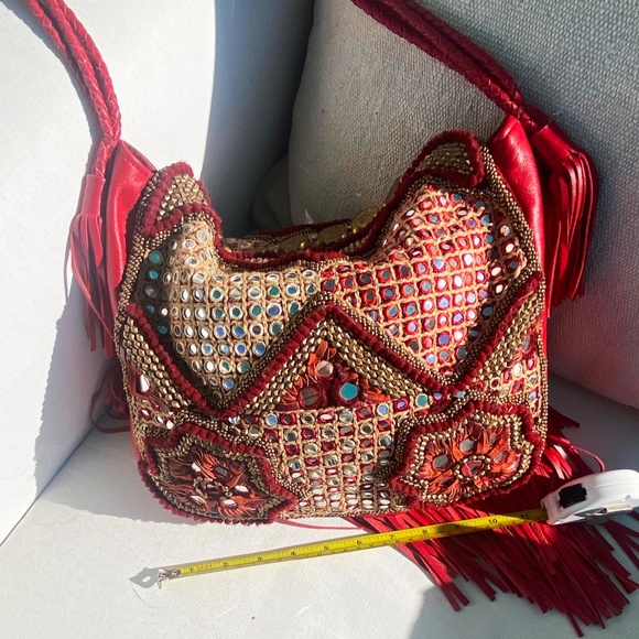 New NWOT Red Mogara Purse Bag Leather Beaded Fringe! - Picture 6 of 11